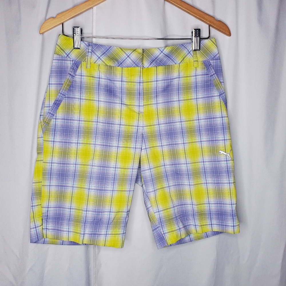 ◇ Puma Womens Plaid Golf Shorts Size 6 Yellow and Purple